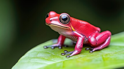 Naklejka premium A vibrant red frog perched on a green leaf in a lush forest, close-up view showcasing detailed texture and vivid colors, and nature photography.