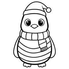 Cartoon Christmas character, Santa Claus, and a cute, funny cartoon penguin illustration coloring page