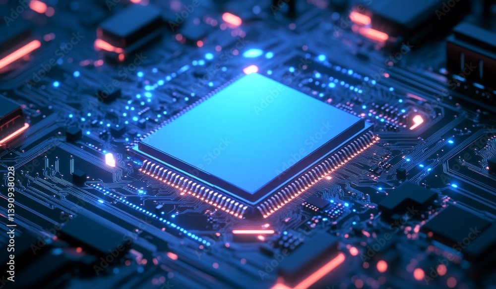 Poster close-up of a modern processor on a circuit board. high-tech, intricate network of components illumi