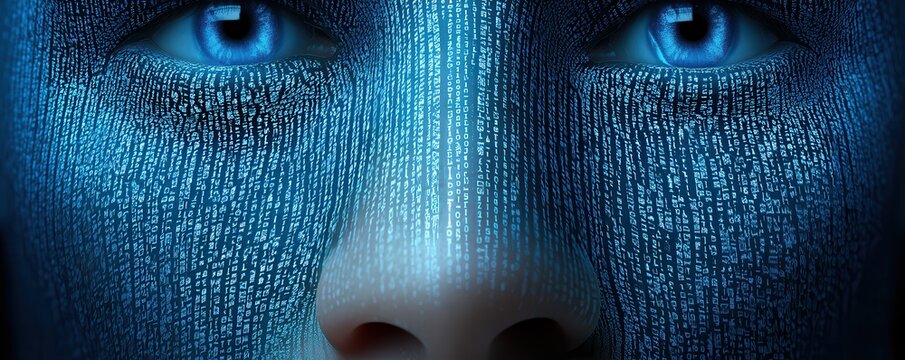 Synthetic biology DNA future science concept. Digital face with binary code pattern and striking blue eyes, representing technology and information.