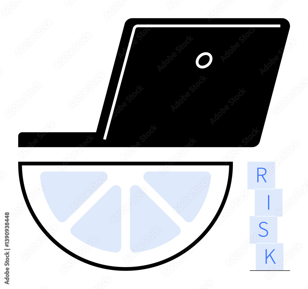 Poster laptop placed on lemon slice and stacked risk blocks suggest navigating business challenges creative