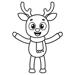 Cute cartoon reindeer, a brown mammal with big antlers and a red nose, is a vector illustration isolated on white coloring page