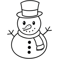 A cute cartoon snowman with a festive hat enjoys the snowy winter holiday season coloring page