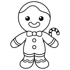 Cute Gingerbread Man Holding Candy Cane – Black and White Line Art