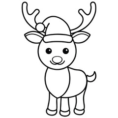 Cute cartoon reindeer, a brown mammal with big antlers and a red nose, is a vector illustration isolated on white coloring page