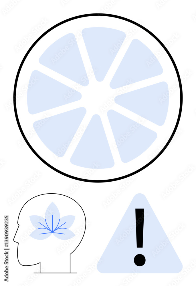 Poster circular segmented diagram contrasts with head profile featuring a flower and exclamation in triangl
