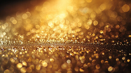 Elegant Golden Glitter Bokeh Softly Blurred Over Deep Black Background Cinematic Sparkle