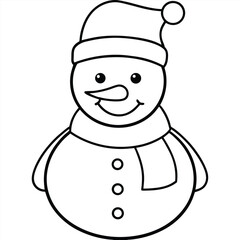 Cute cartoon snowman with a scarf, hat, and broom smiles against a white winter background, perfect for Christmas holiday decoration coloring page