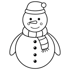 Cute cartoon snowman with a scarf, hat, and broom smiles against a white winter background, perfect for Christmas holiday decoration coloring page