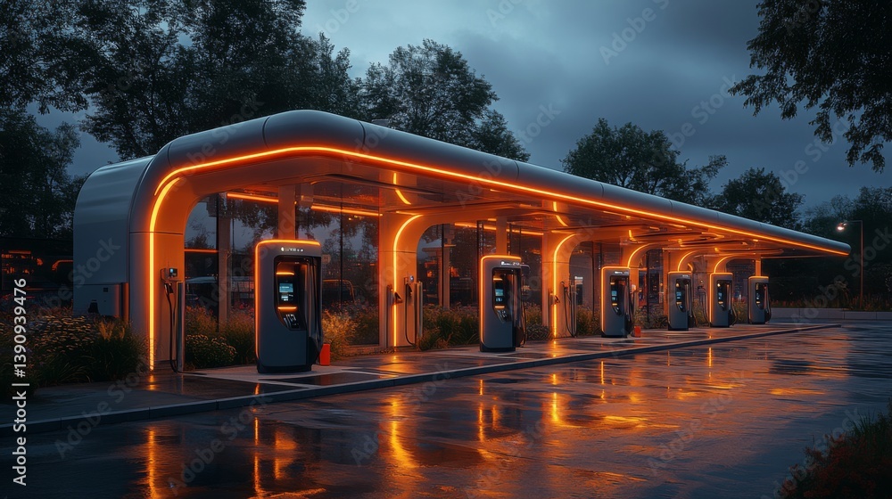 Poster new electric vehicle charging station features advanced design and multiple charging points, showcas