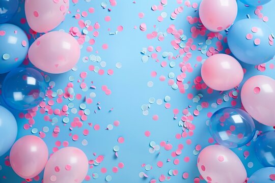 Photo of a blue background with pink and baby blue balloons and confetti for a gender reveal party,