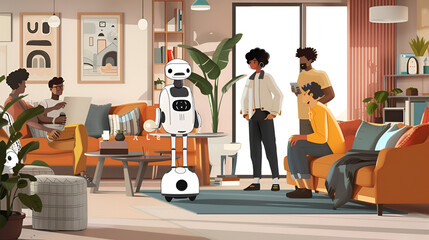  A stylized, vector illustration depicting a modern living room where a small, helpful robot is interacting with a family of three: a person seated at a dining table, a man standing near a fireplace, 