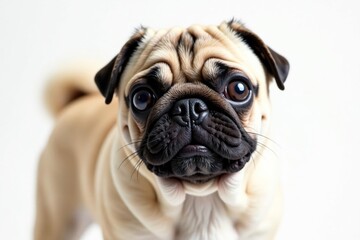 Playful pug looking at camera, white background, clipart, doggy