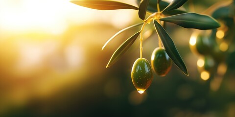 Ripe olives hanging from branch at sunset, with drop of oil, copy space