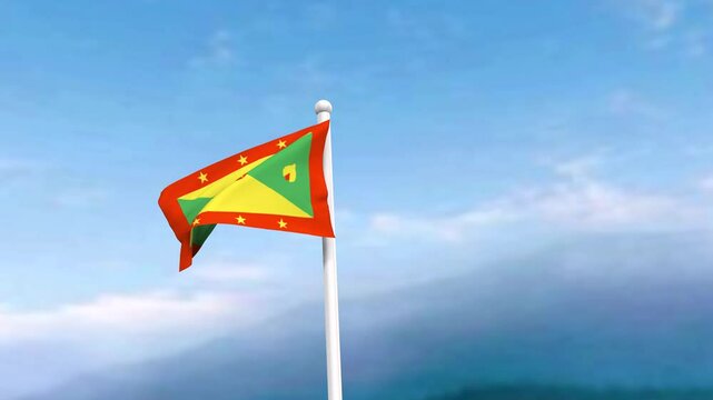 4k Footage of the Grenada flag in the wind, blue sky with a cinematic view, the Grenada flag waving in the wind with a drone shot sky. It's the Perfect Loop national holiday and independence