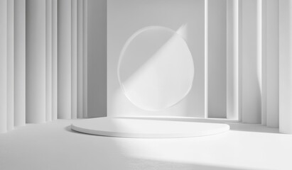 Minimalist white podium display.  A clean, modern, empty platform for product presentation in a bright, sunlit setting.  Geometric shapes and lines create a sophisticated backdrop