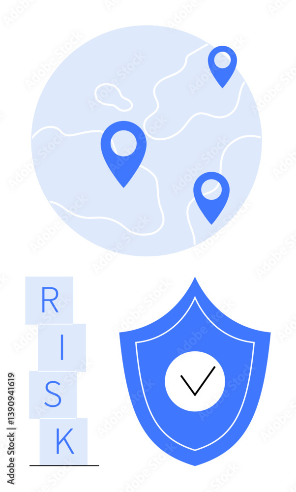 Poster map with location markers, tower of letters spelling risk, and shield with check mark. ideal for bus