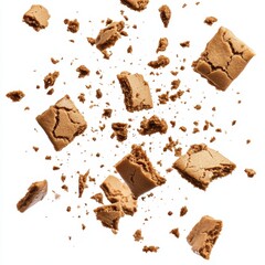 Scattered pieces of a light brown dessert on a white surface