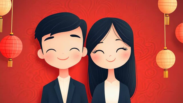 Stunning D flat design wedding card in modern cartoon style, featuring vibrant textures for an enchanting oriental theme.