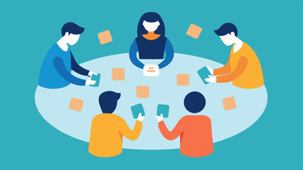 Card Sorting Activity Users arranged in a semicircle engaging in a card sorting exercise on a table while a researcher observes and takes notes.