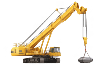 A yellow crane lifting a gray cylinder against a dark setting here on transparent background