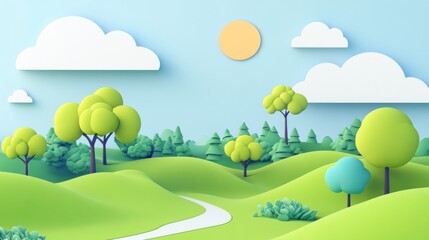 Fototapeta premium Cartoon park, gentle path, sunny day, trees, hills