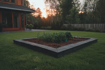 A small garden with a few plants in a square planter