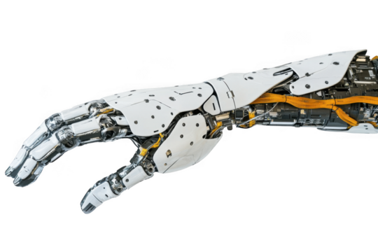 Robotic arm with white plating and visible internal mechanisms shown on transparent background