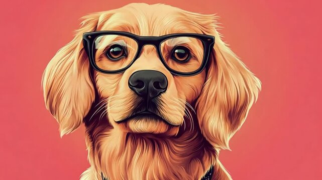 A golden retriever wearing stylish glasses against a vibrant pink background, showcasing a playful yet intellectual vibe