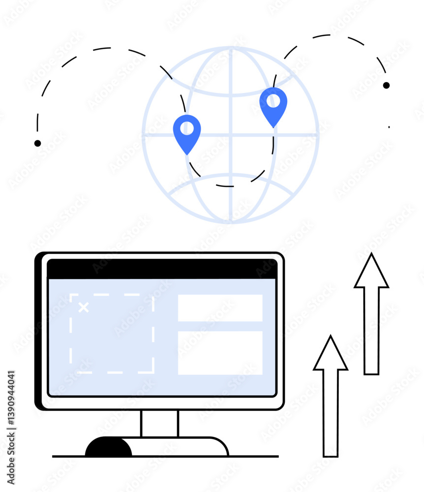 Poster desktop monitor with application interface, globe with location pins and arrows indicating growth an