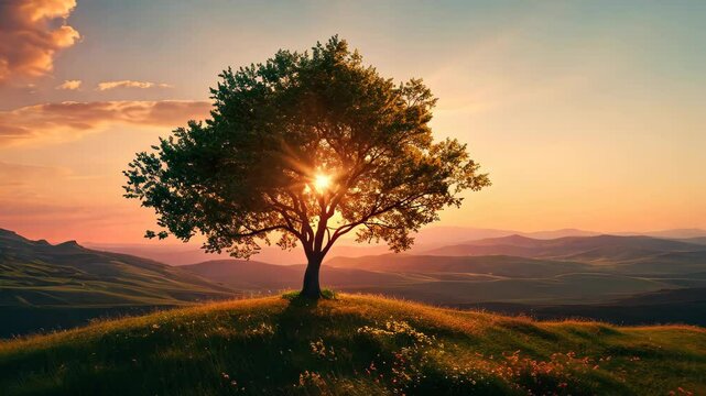 A single tree stands as a silhouette against the captivating hues of a serene sunset. Ai Generated.