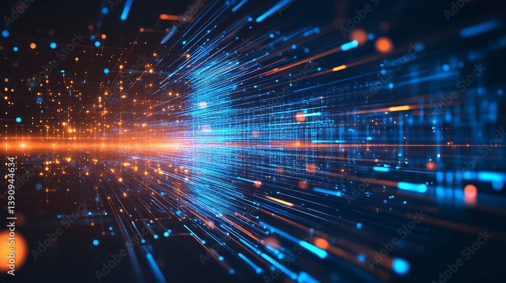 Poster abstract digital network visualization with blue and orange lines
