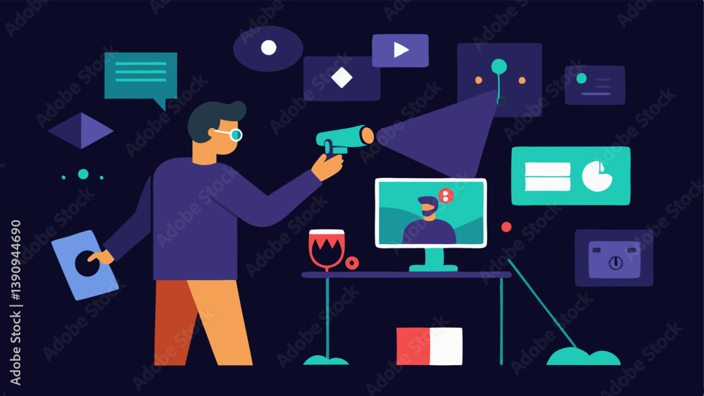 Poster cinematic experience design a designer is working on a cinematic vr experience adjusting the lightin