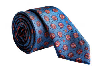 Rolled blue tie with orange floral pattern against dark setting on transparent background