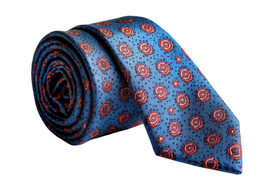 Rolled blue tie with orange floral pattern against dark setting on transparent background