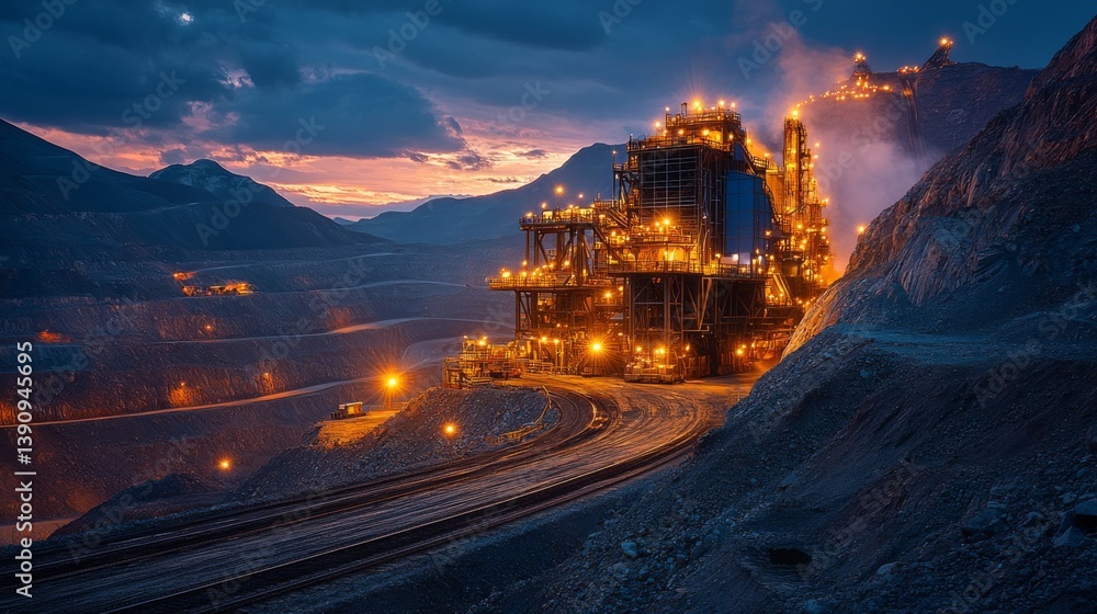 Aufkleber Complex mining site illuminated by lights as day transitions to night. Machinery is actively engaged in mineral extraction and processing within a quarry environment.