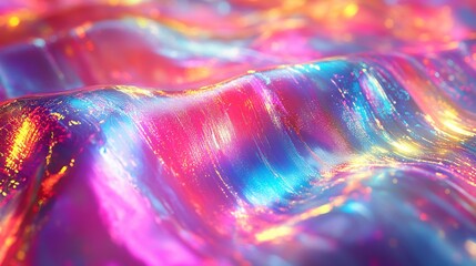 Vibrant hologram texture with rainbow foil and iridescent paper showcasing shiny neon patterns and glitch effects for a retro 90s inspired design