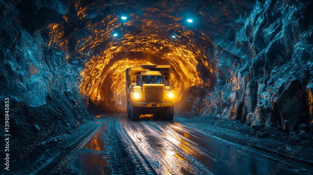 Poster a large mining truck drives through an underground tunnel during a mineral extraction operation. bri