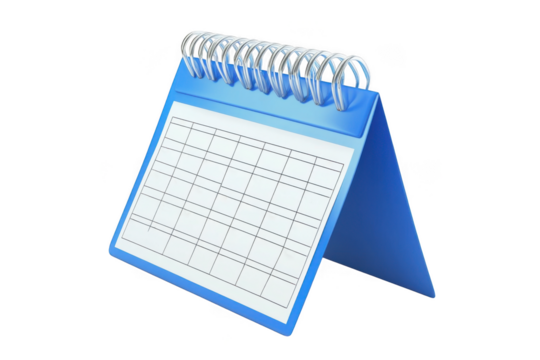 A blue desk calendar with blank grid against a dark background on transparent background