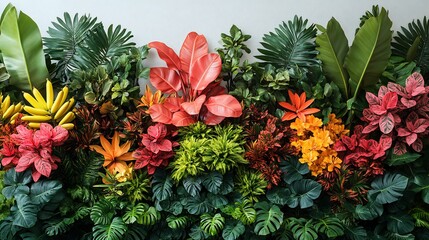 Vibrant indoor garden filled with tropical plants including rubber and banana trees isolated on a white background
