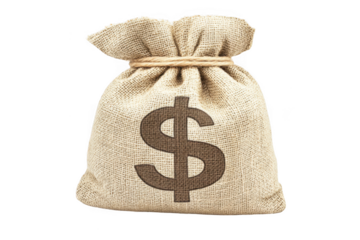 A burlap sack with a dollar sign against a solid color backdrop on transparent background