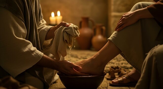 Jesus Washing a Disciple’s Feet in an Act of Humility	