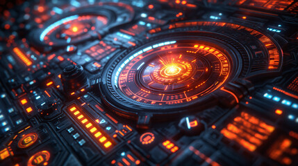 Futuristic Sci-Fi Control Panel Interface with Glowing HUD Elements