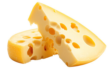 Two wedges of swiss cheese with holes stacked on each other close on transparent background