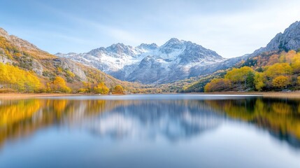 Mountain Lake Autumnal Trees Vivid High-Resolution Wide Angle Still Reflection Peaceful Serenity Calm Nature Photography Cool Blues Ideal for Travel Brochures