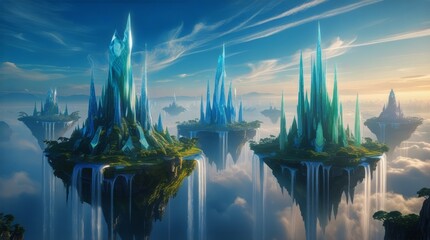 Fototapeta premium Futuristic Floating Islands Above Misty Cityscape With Lush Greenery
