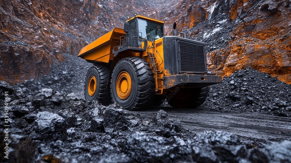 Poster a large dump truck moves through a mineral quarry, extracting resources from rocky terrain. the star