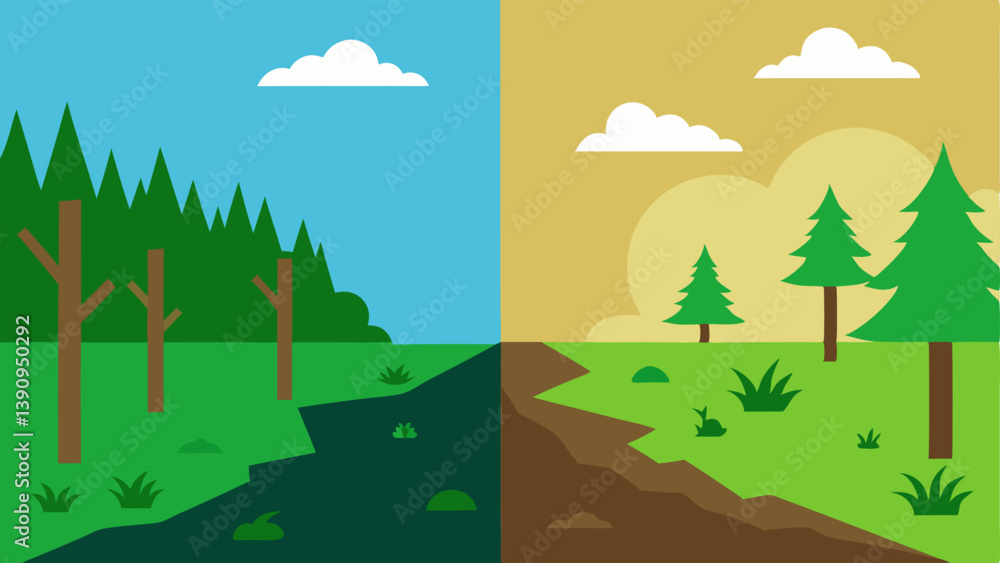 Poster empty landscape a beforeandafter scene showing a lush forest on one side and a barren landscape with