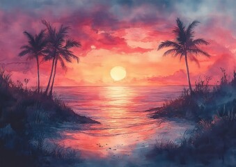 Palm Tree Sunset Watercolor Tropical Sky Beach Nature Illustration
