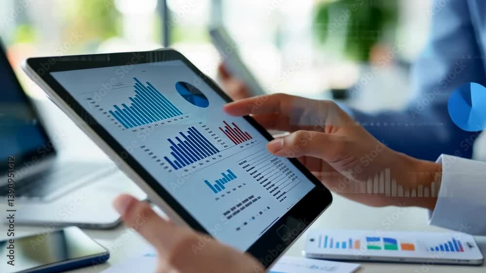 Poster a person's hands are holding tablet displaying charts , data, likely in business setting. there is f